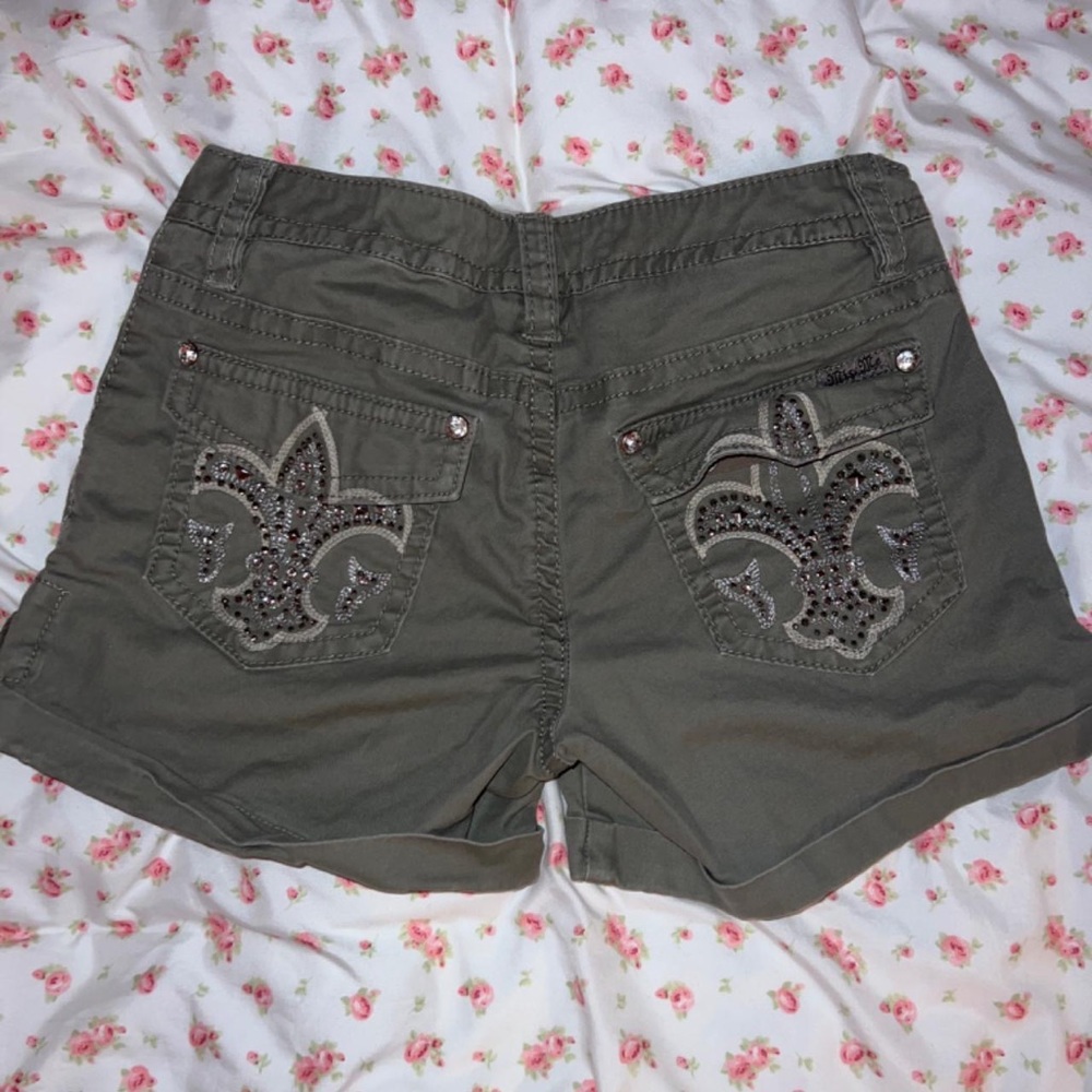 army green miss me jeans shorts  glitter fleur de lis on the back